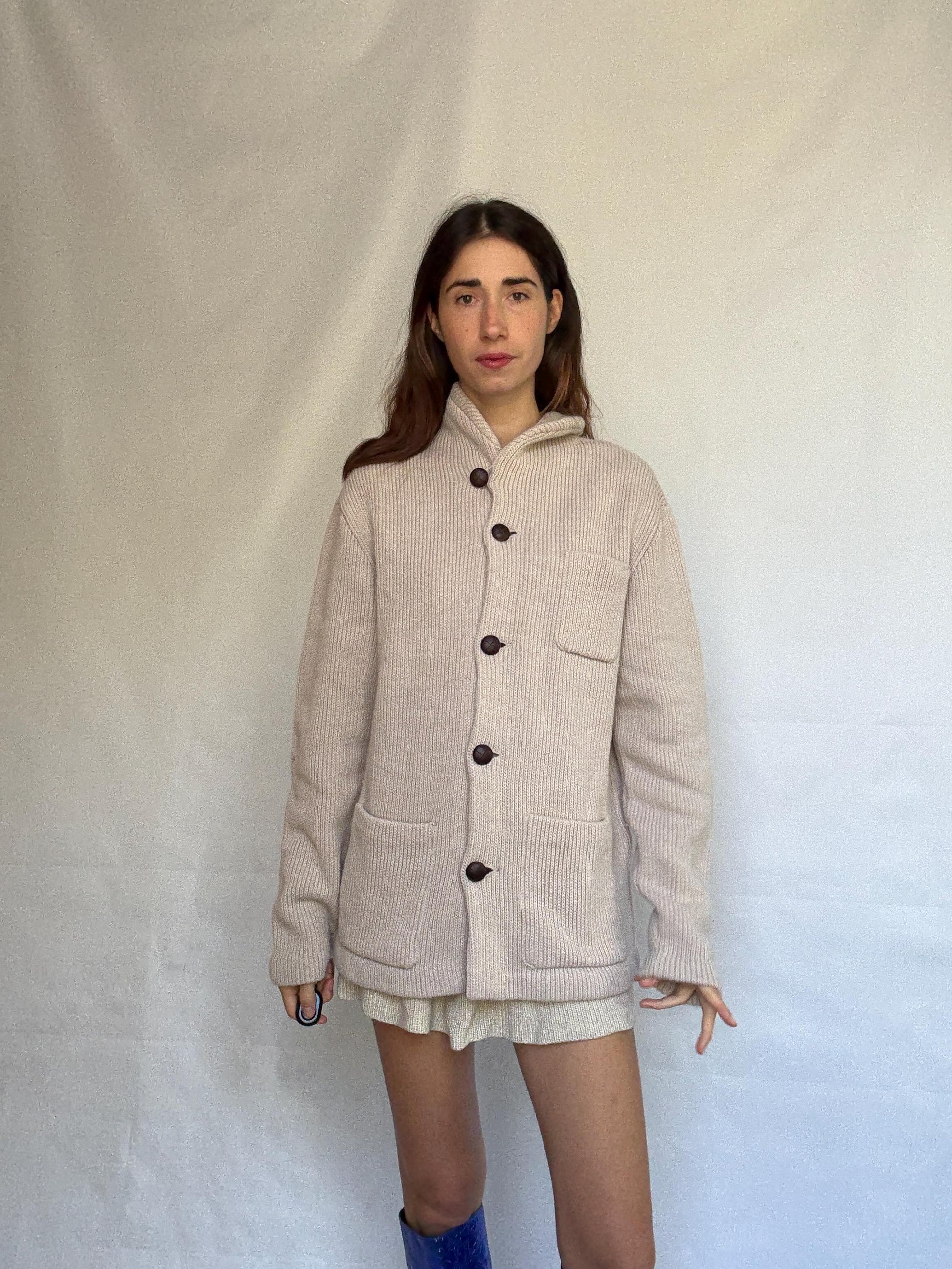 Pedro del Hierro beige knitted jacket, wool blend, ribbed high collar, three front pockets, light academia Timothée Chalamet, US XXL