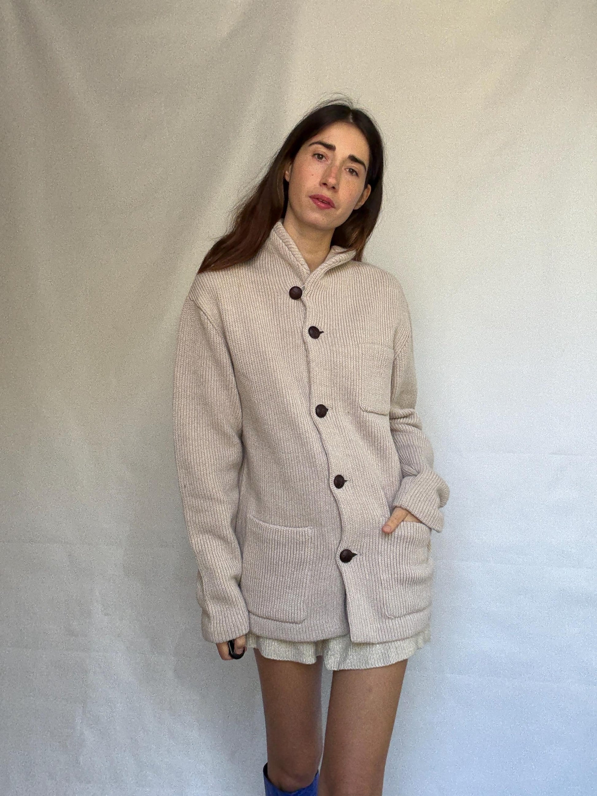 Pedro del Hierro beige knitted jacket, wool blend, ribbed high collar, three front pockets, light academia Timothée Chalamet, US XXL