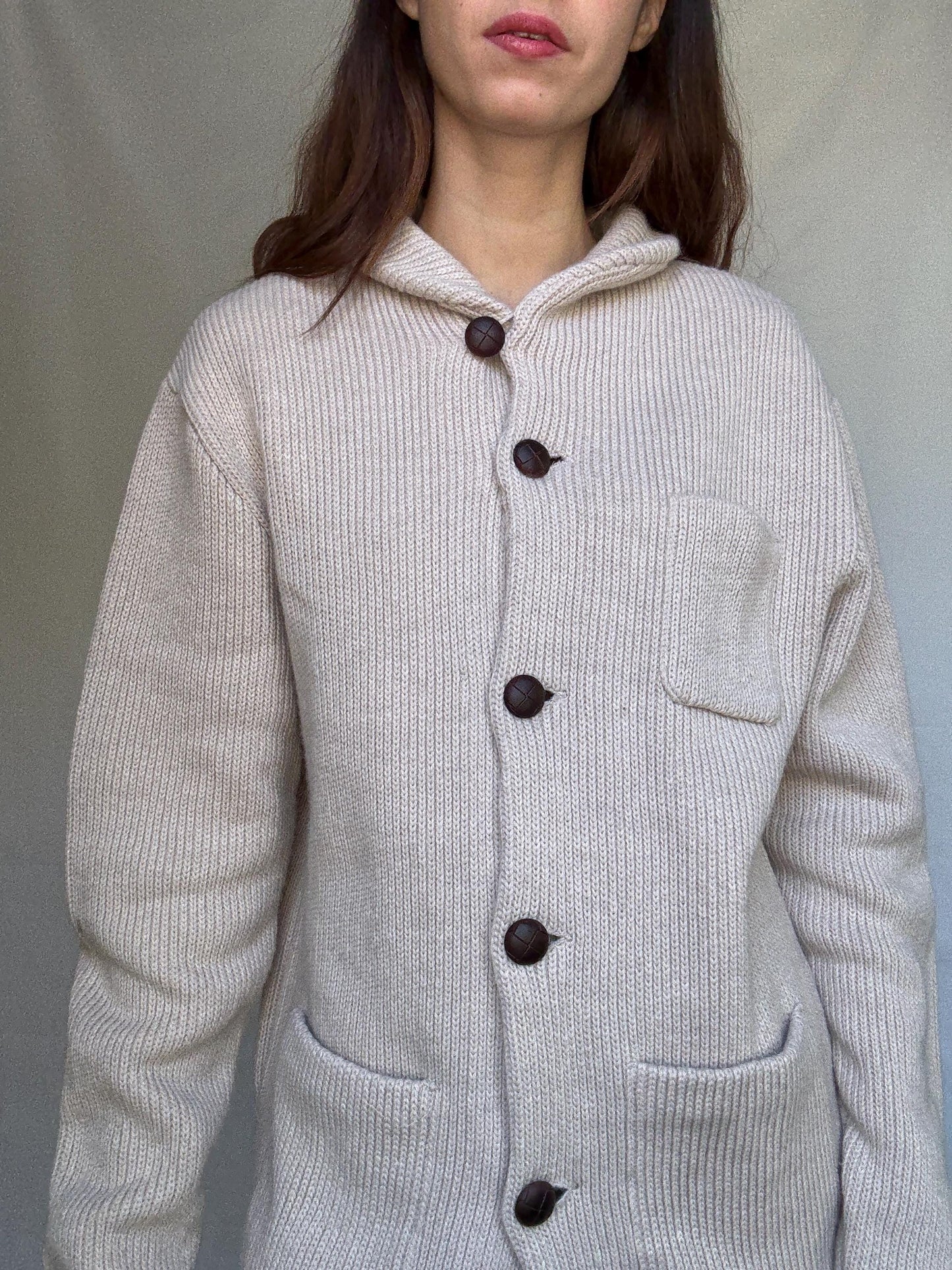 Pedro del Hierro beige knitted jacket, wool blend, ribbed high collar, three front pockets, light academia Timothée Chalamet, US XXL