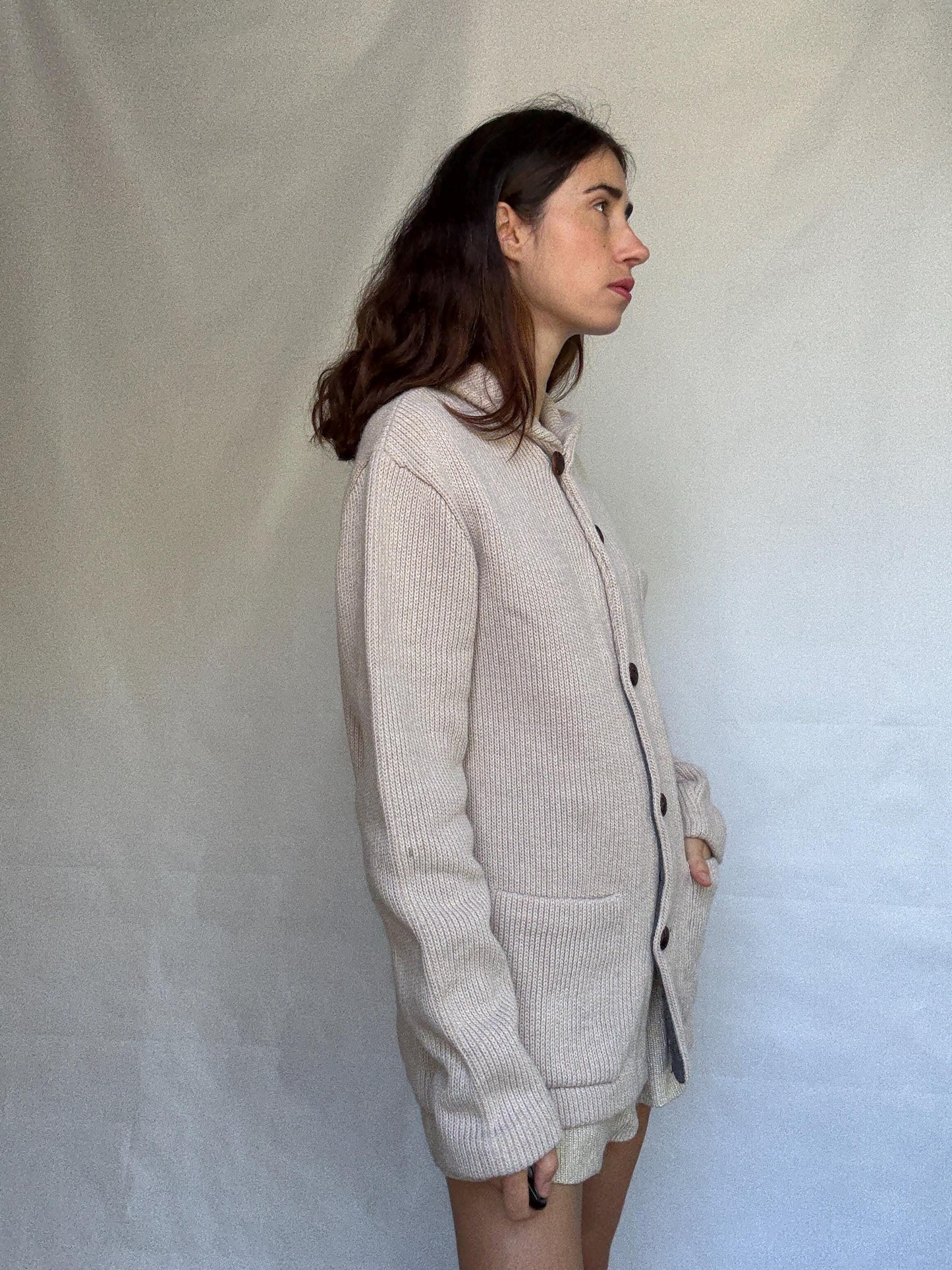 Pedro del Hierro beige knitted jacket, wool blend, ribbed high collar, three front pockets, light academia Timothée Chalamet, US XXL