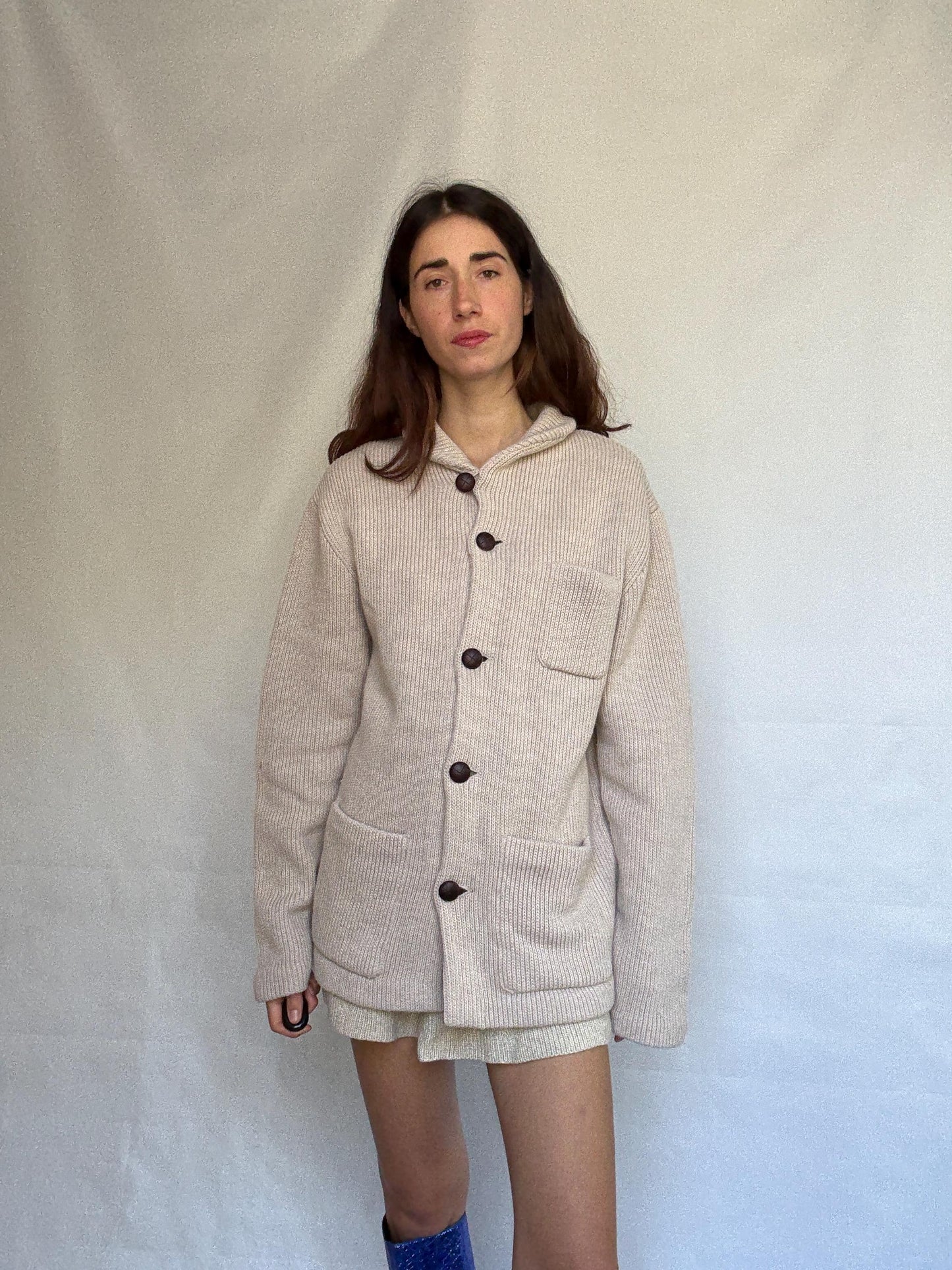 Pedro del Hierro beige knitted jacket, wool blend, ribbed high collar, three front pockets, light academia Timothée Chalamet, US XXL