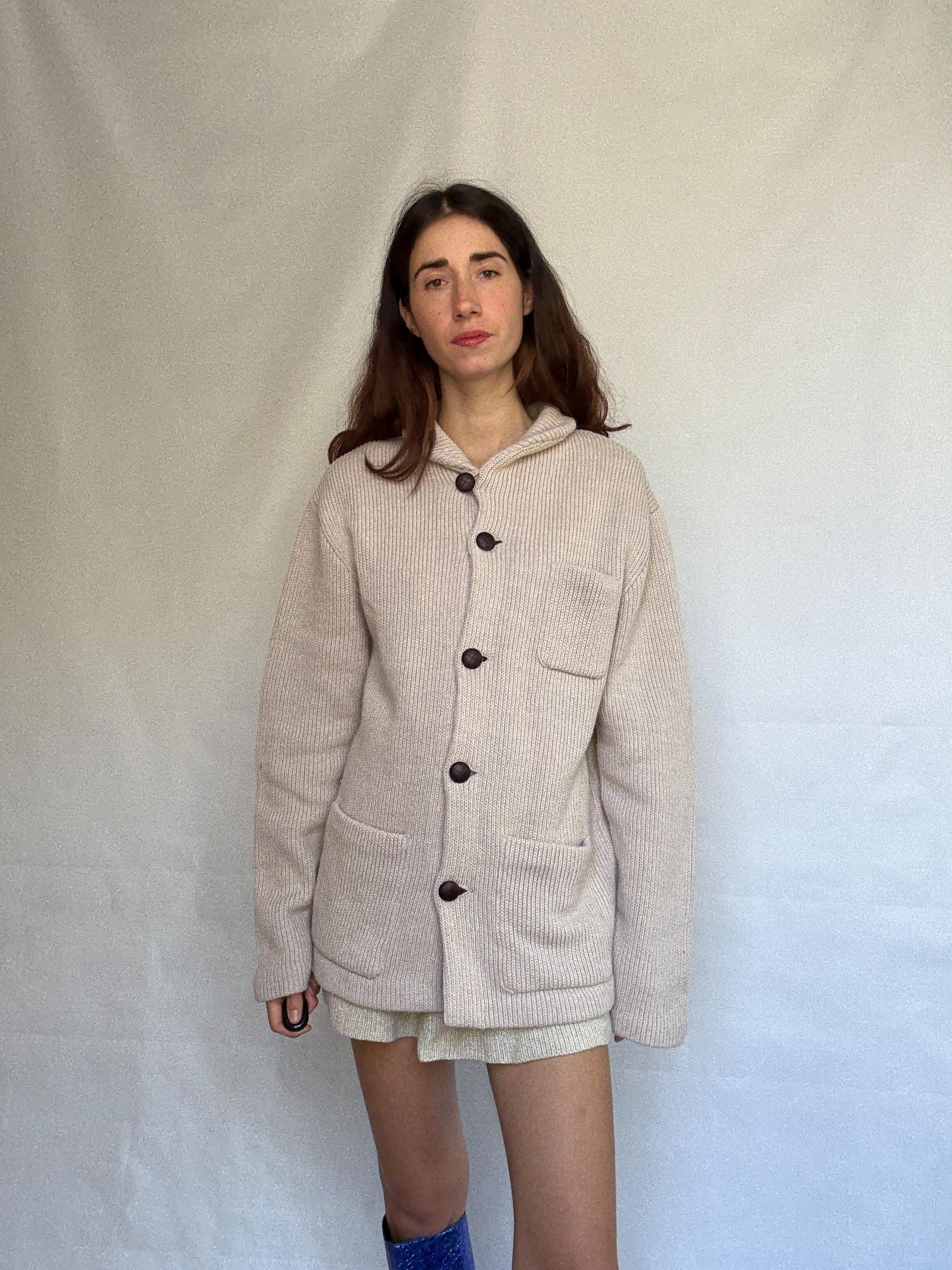 Beige Wool Blend Knitted Jacket with High Collar — additional view 9