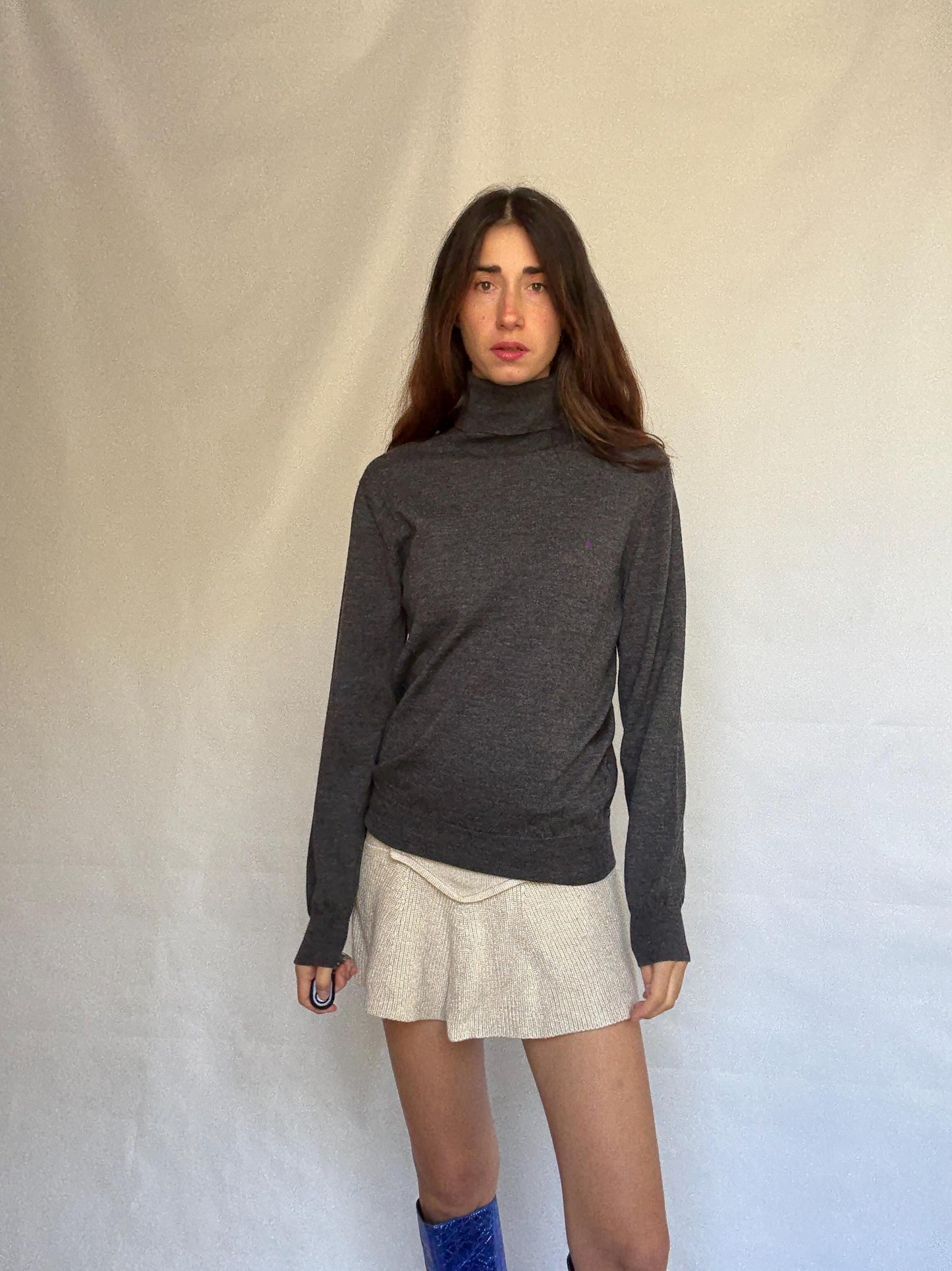 Purificación García charcoal turtleneck sweater, classic fit, ribbed cuffs and hem, minimalist chic, US M, office essential