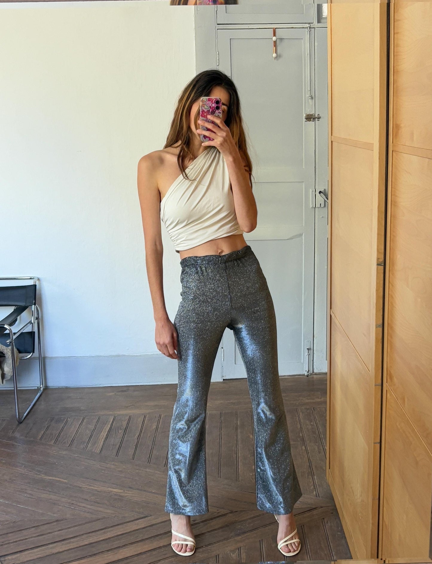 Silver Glitter Flared Pants, High Waist Sparkly Leggings, New Year’s Eve Outfit