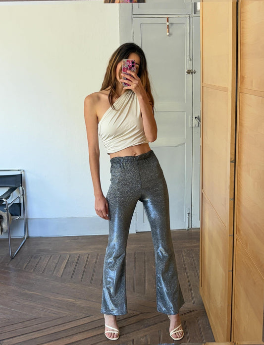 Silver Glitter Flared Pants, High Waist Sparkly Leggings, New Year’s Eve Outfit