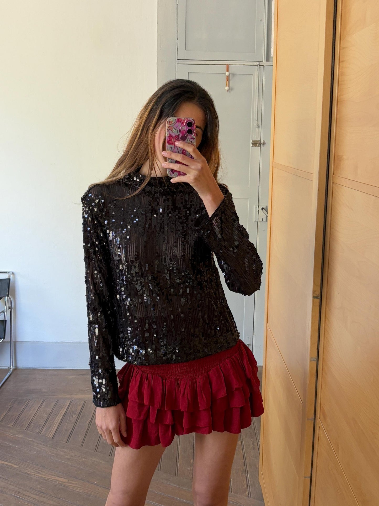 Black Sequin Top, Mock Neck Long Sleeve Party Shirt, Glitter Blouse, Festive Holiday Outfit