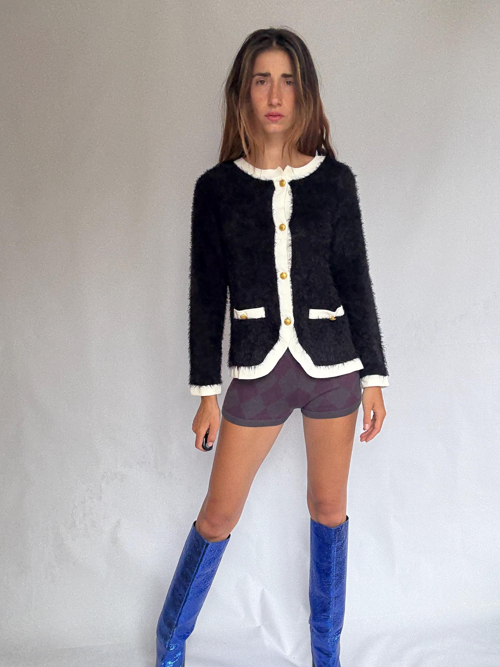 Fuzzy Black and White Cardigan Jacket with Gold Buttons – Collecion Venca Size M/L, Vintage Inspired Soft Knit Blazer