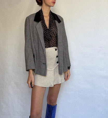 Vintage Houndstooth Blazer with Velvet Collar