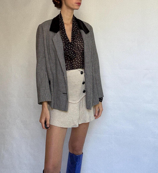 Vintage Houndstooth Blazer with Velvet Collar