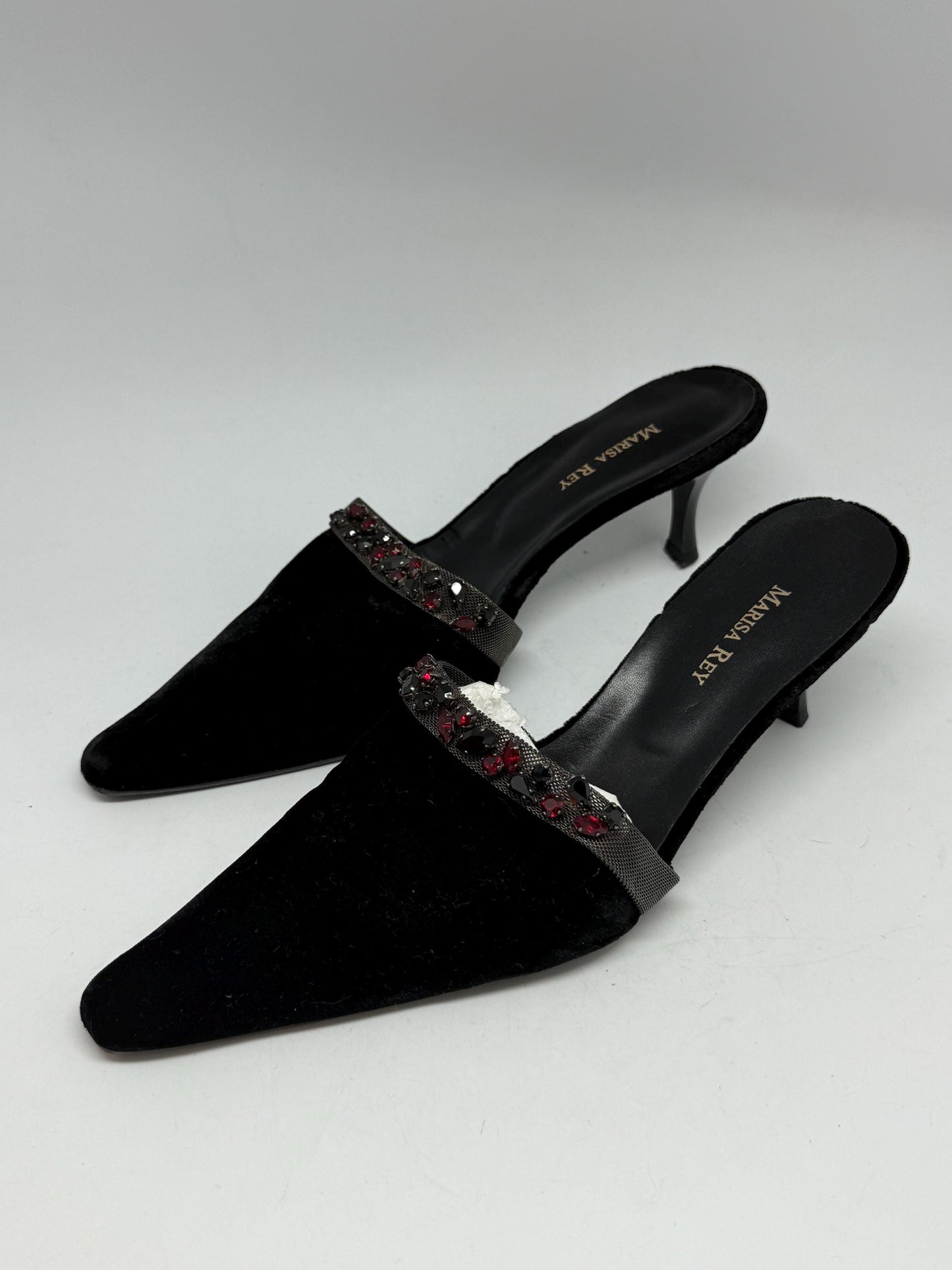 Black Velvet Mules With Stone Embellishment — back view