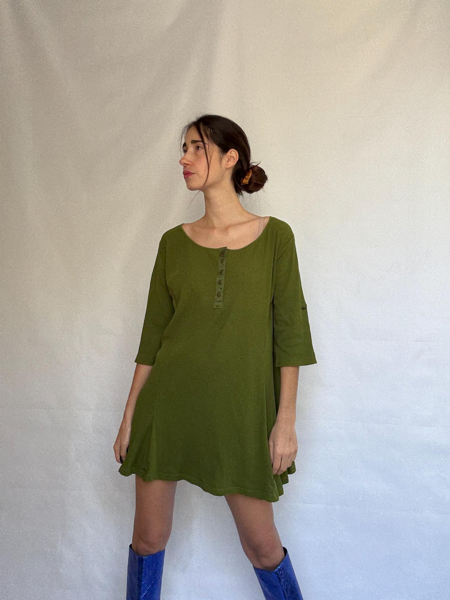 Olive Cotton Scoop Neck Dress — fabric close-up