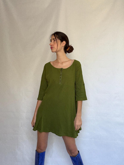 Olive Cotton Scoop Neck Dress — fabric close-up