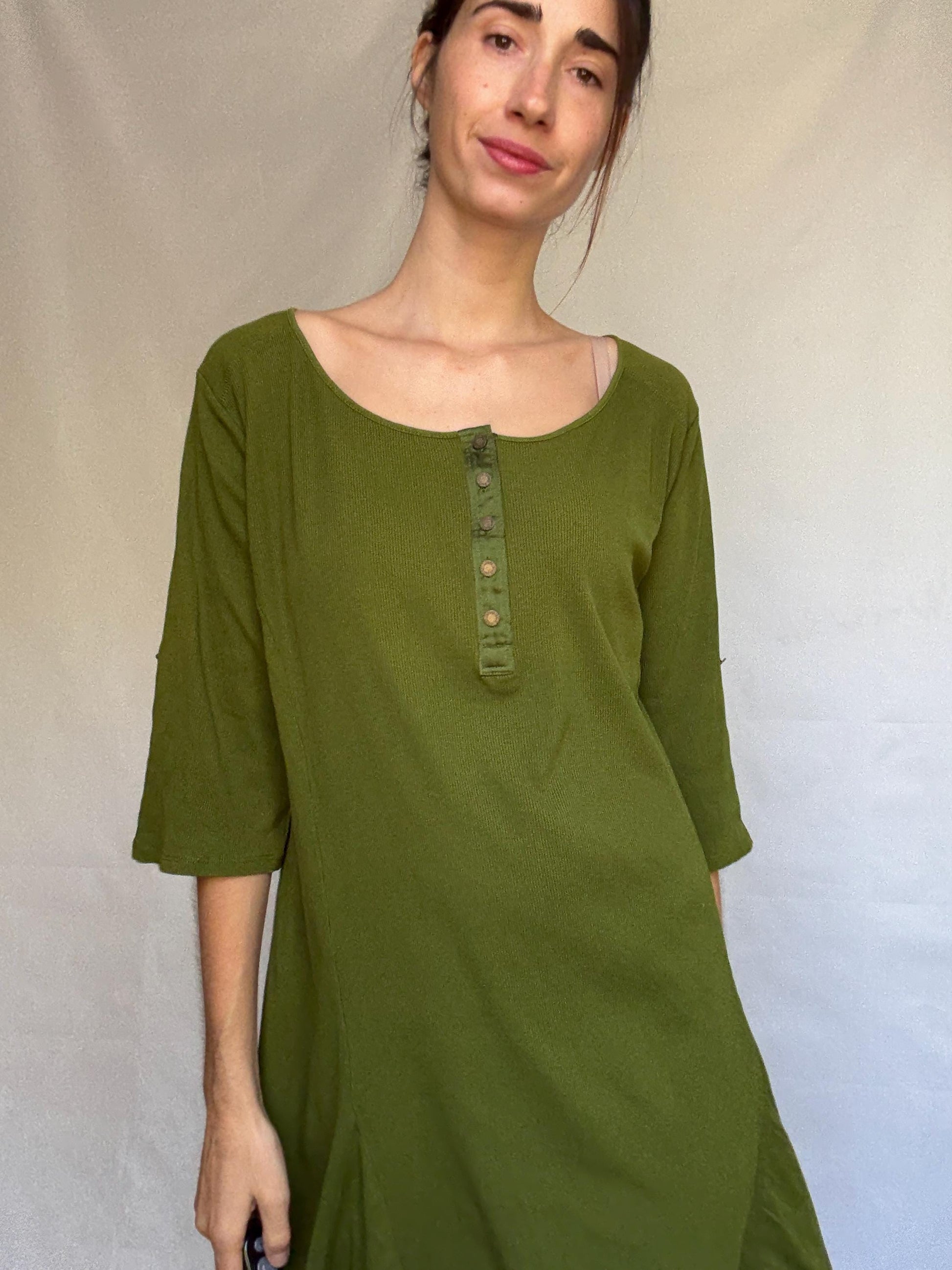 Olive Cotton Scoop Neck Dress — back view