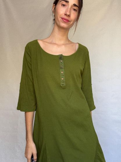 Olive Cotton Scoop Neck Dress — back view