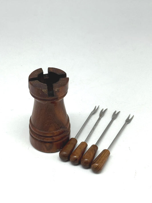 Vintage Mid-Century Fondue Fork Set with Solid Wood Holder | Retro Cheese Appetizer Picks