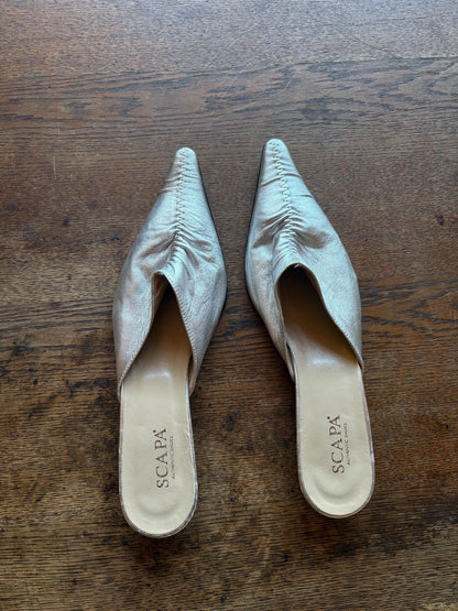 Vintage Silver Pointed Toe Slip-Ons — fabric close-up