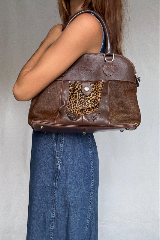 Leopard Print Vintage Brown Leather Satchel
