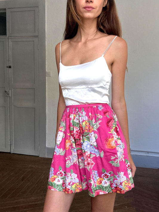 Pink Floral Mini Skirt With Pockets