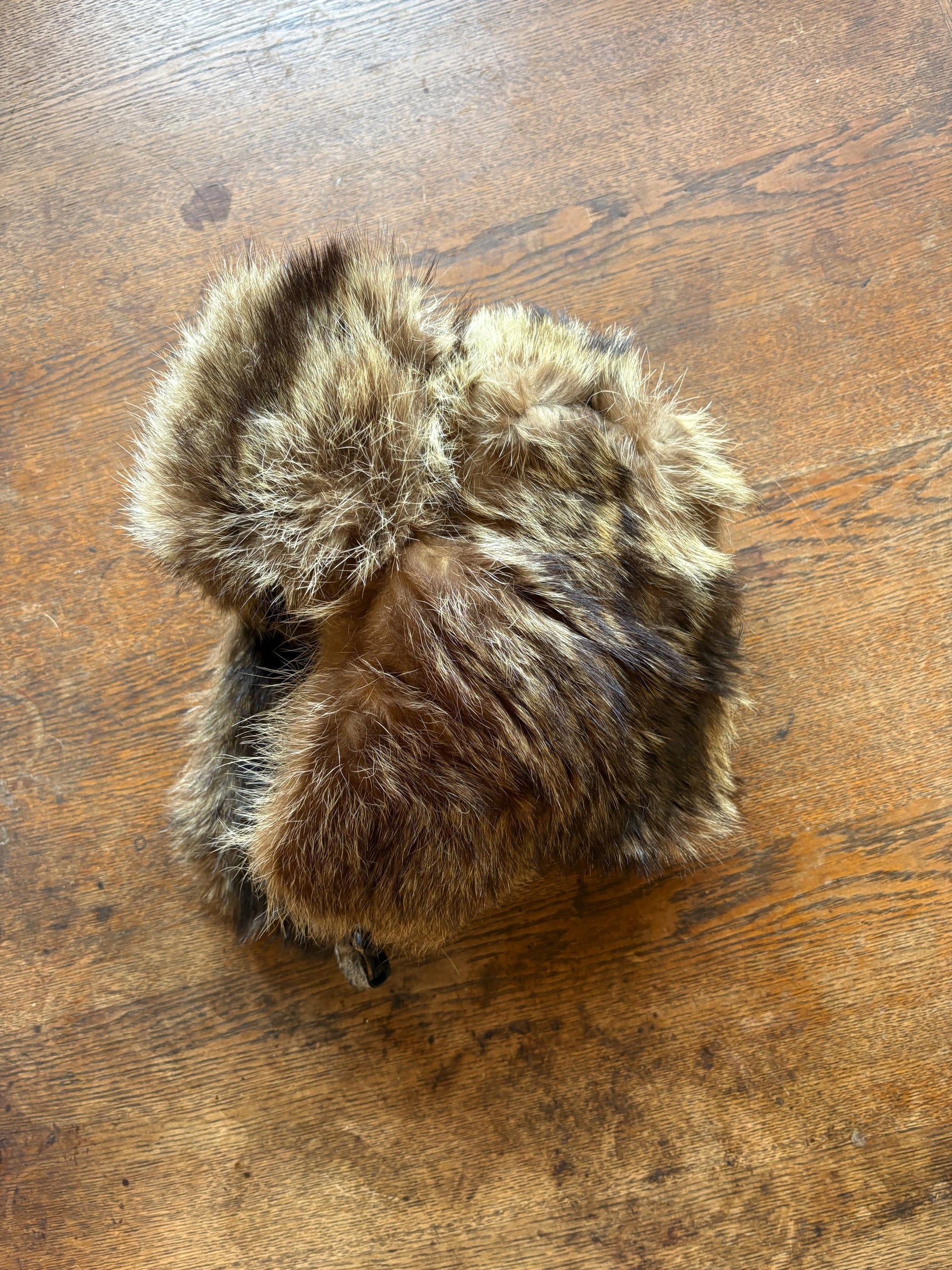 Vintage Brown Rabbit Fur Hat With Ear Flaps — fabric close-up