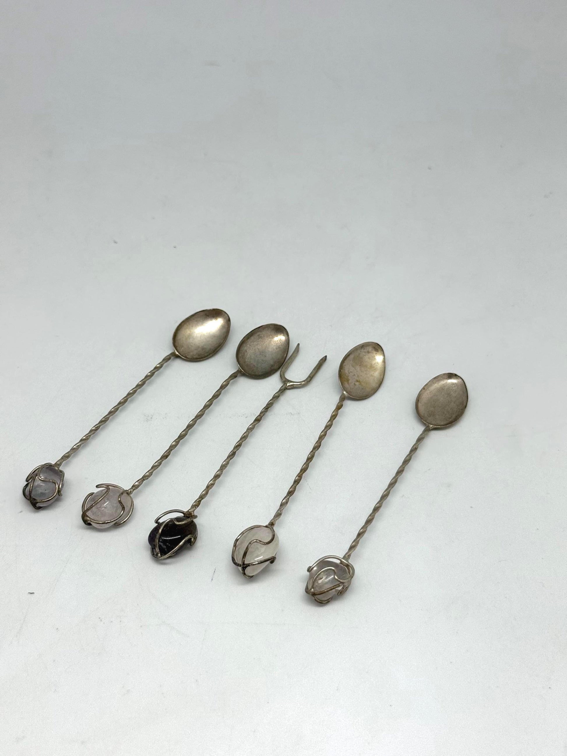 Vintage Silver Cocktail Spoons with Gemstone Ends – Set of 5 Bar Stirrers, 9cm, Ornate Handcrafted Stones