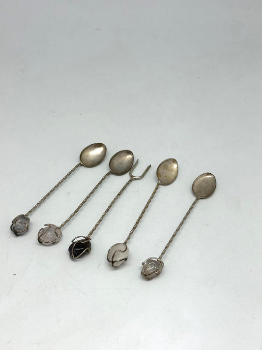 Vintage Silver Cocktail Spoons with Gemstone Ends