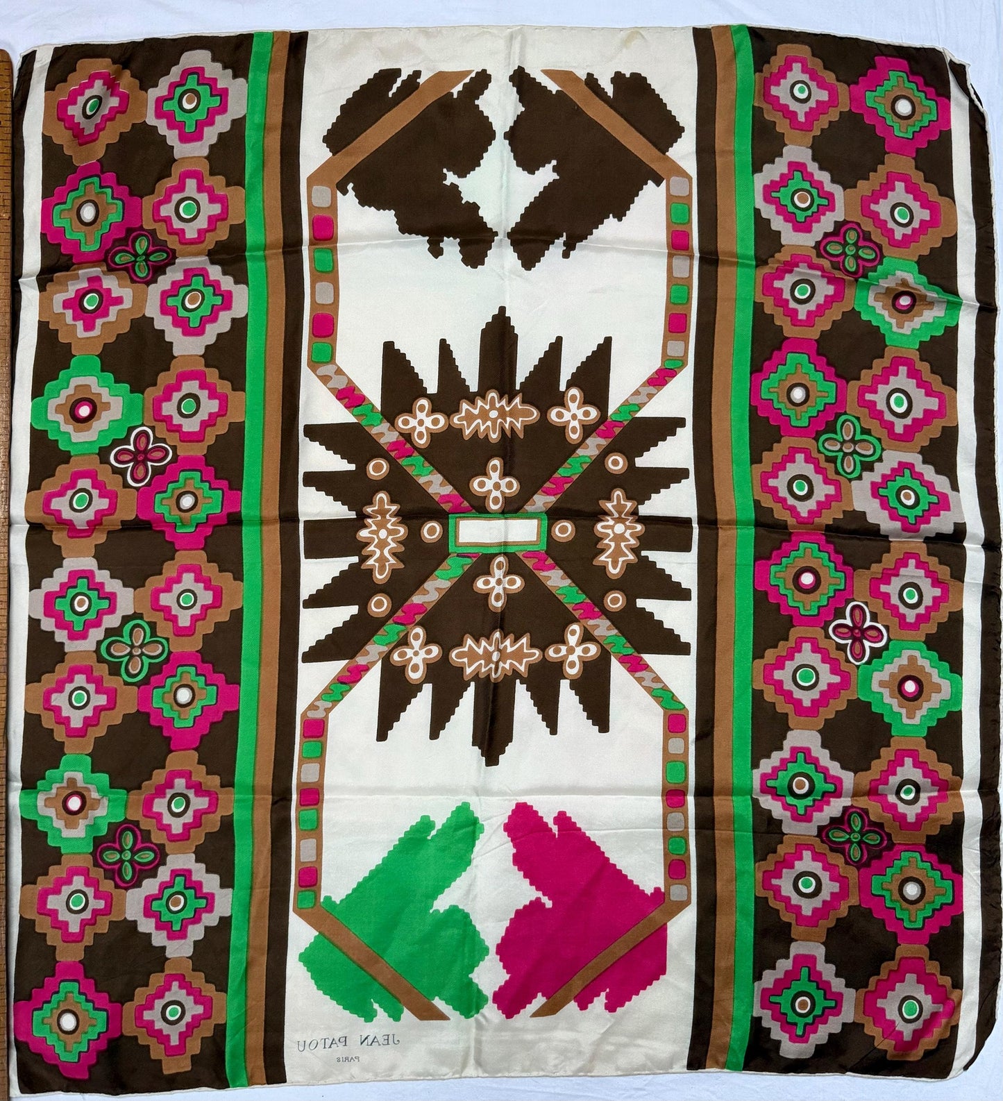 Jean Patou Silk Scarf, Bold Geometric Pattern — fabric close-up