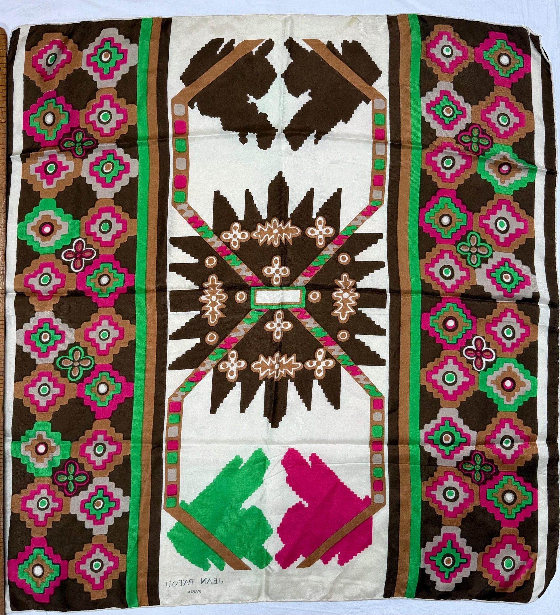 Jean Patou Silk Scarf, Bold Geometric Pattern — fabric close-up