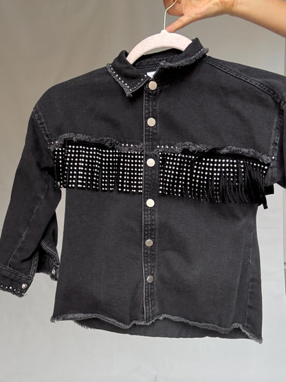 Black Denim Kids Jacket With Studded Fringe — back view