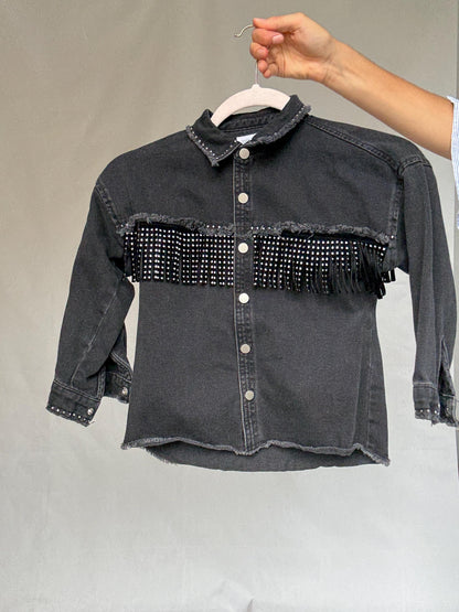 Black Denim Kids Jacket With Studded Fringe — additional view 8