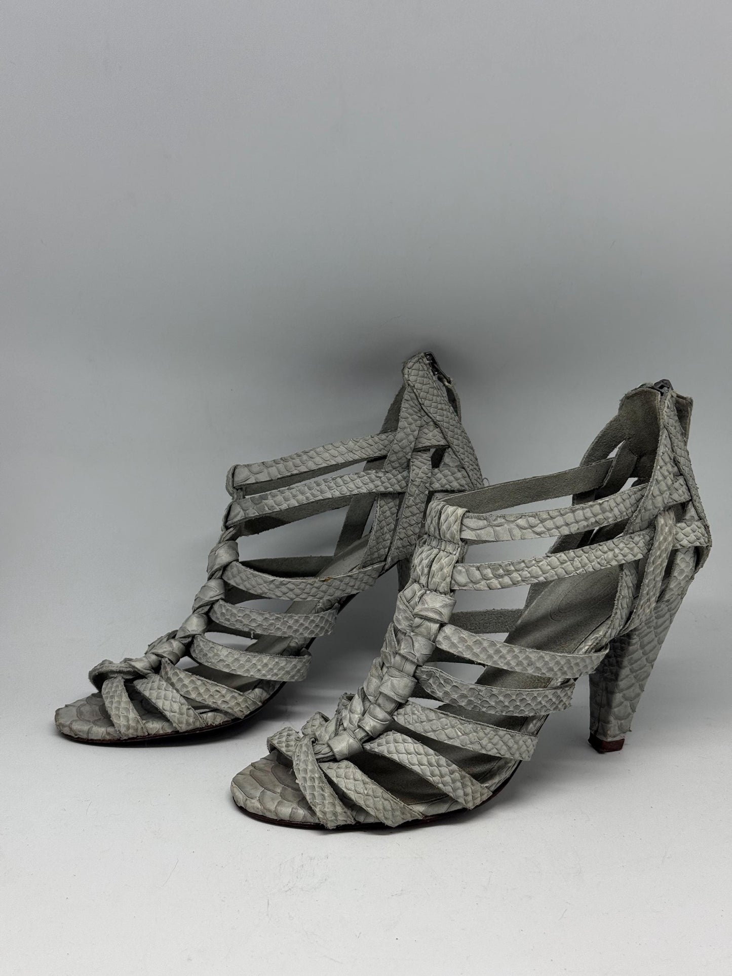 Grey Snakeskin Leather Heels — back view