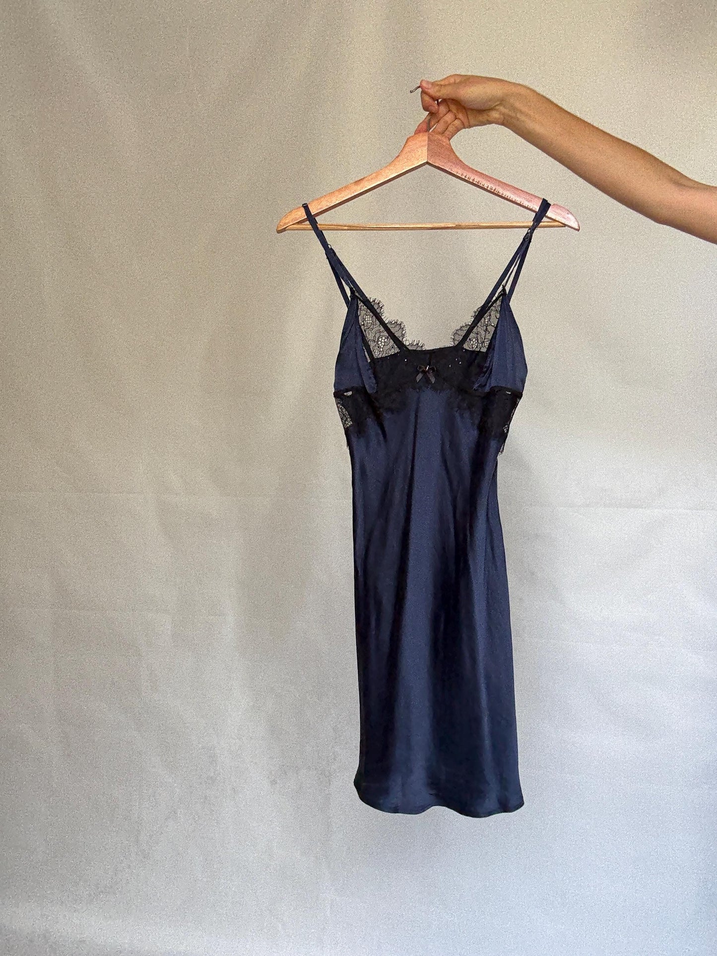 Navy Silk Lace Slip Dress — back view
