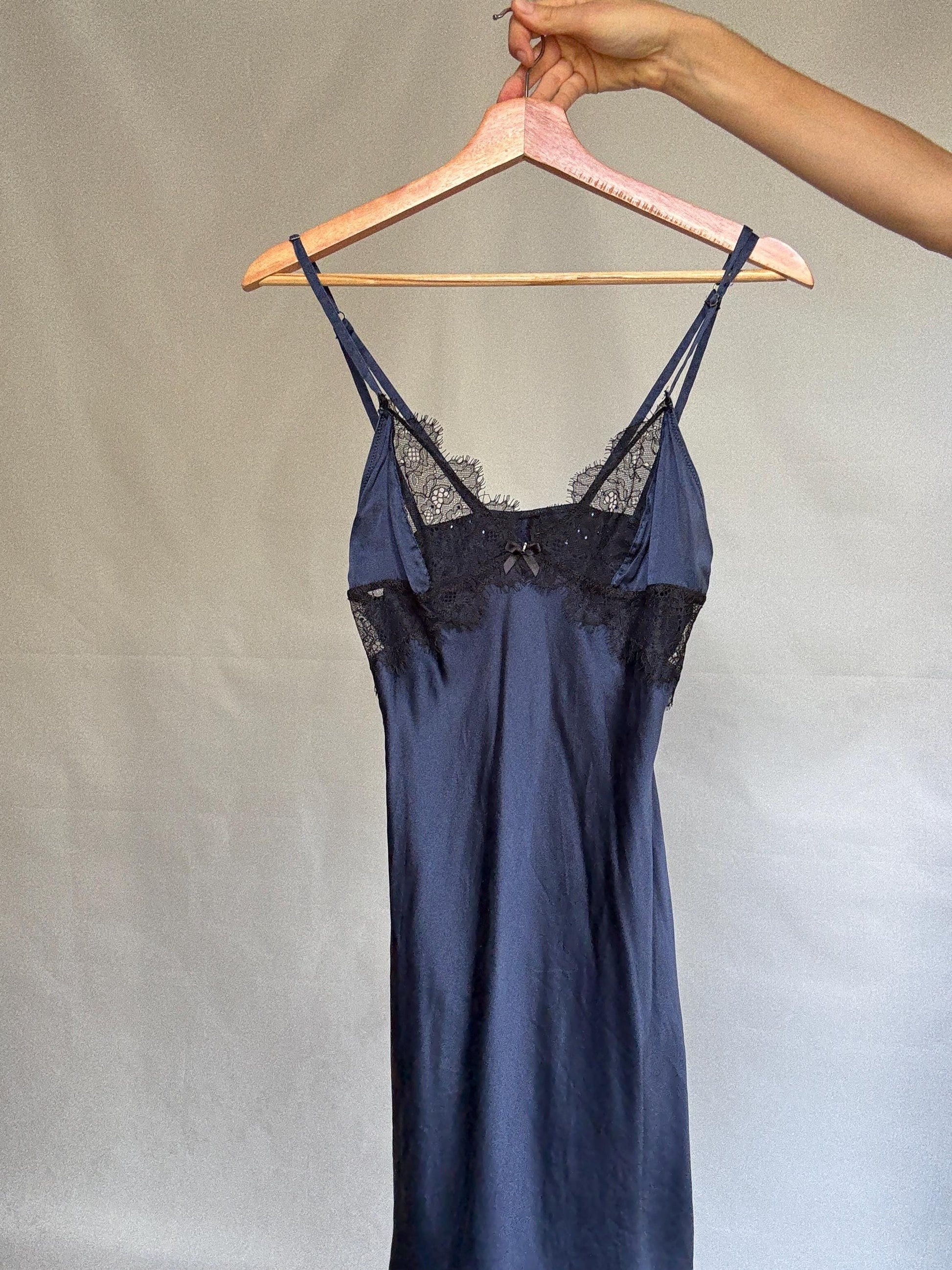 Navy Silk Lace Slip Dress — fabric close-up