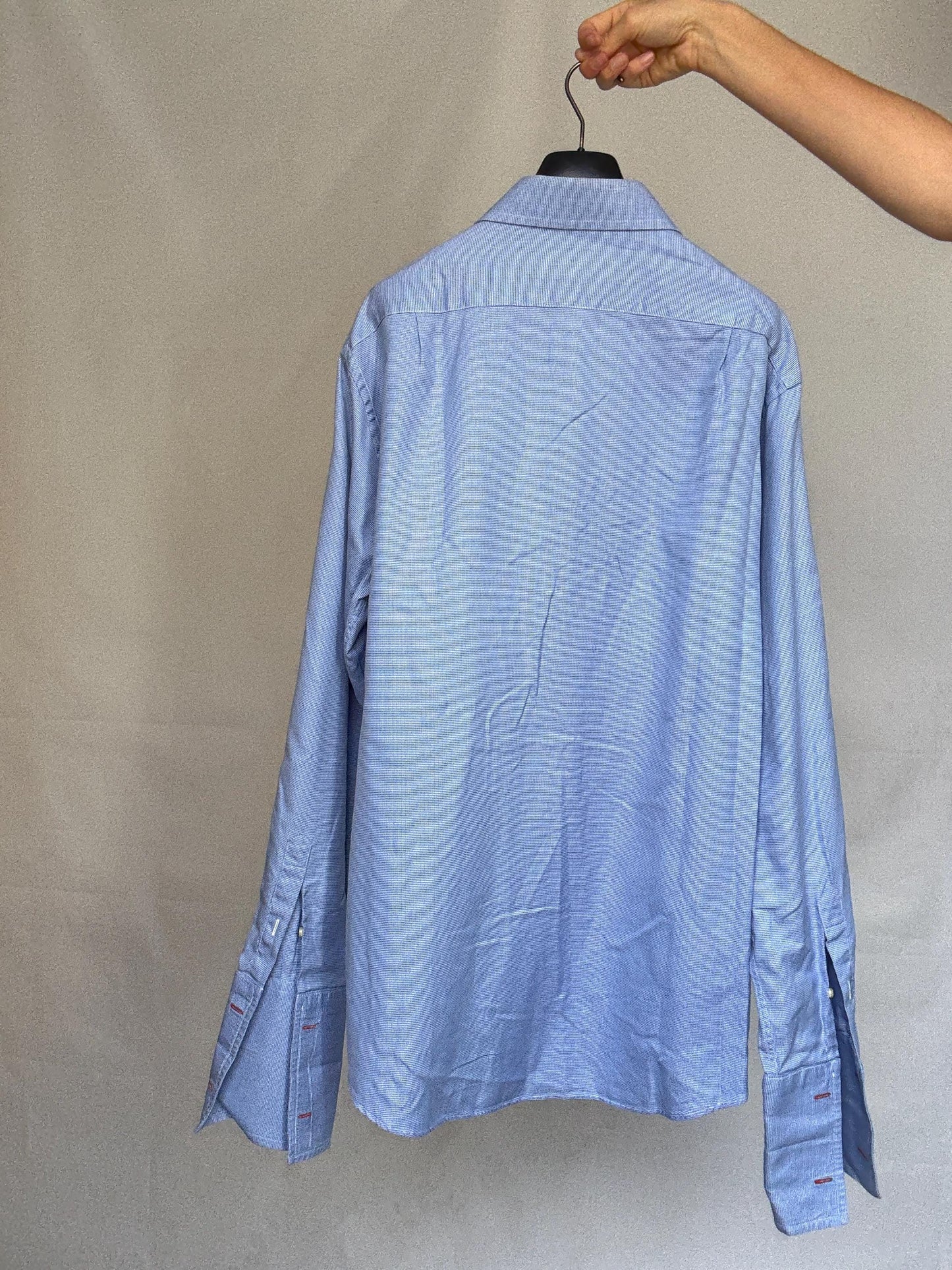 Vintage Men's Carolina Herrera blue and white button up shirt