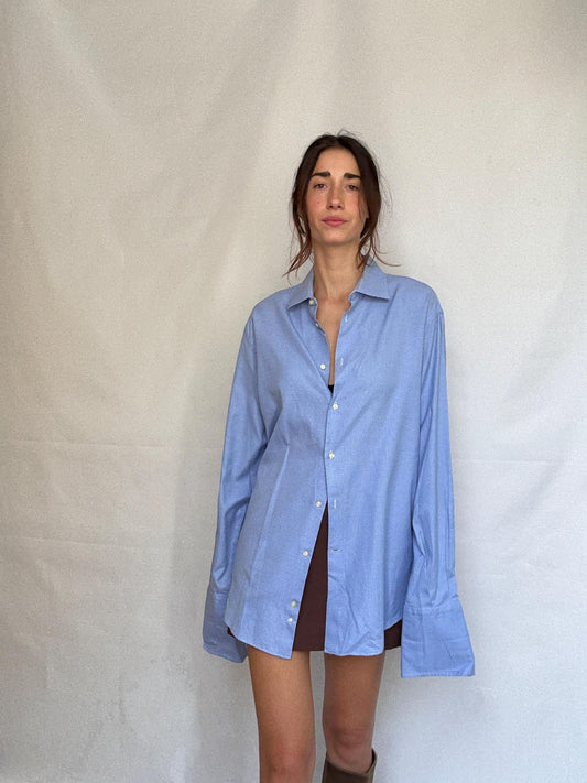 Vintage Men's Carolina Herrera blue and white button up shirt