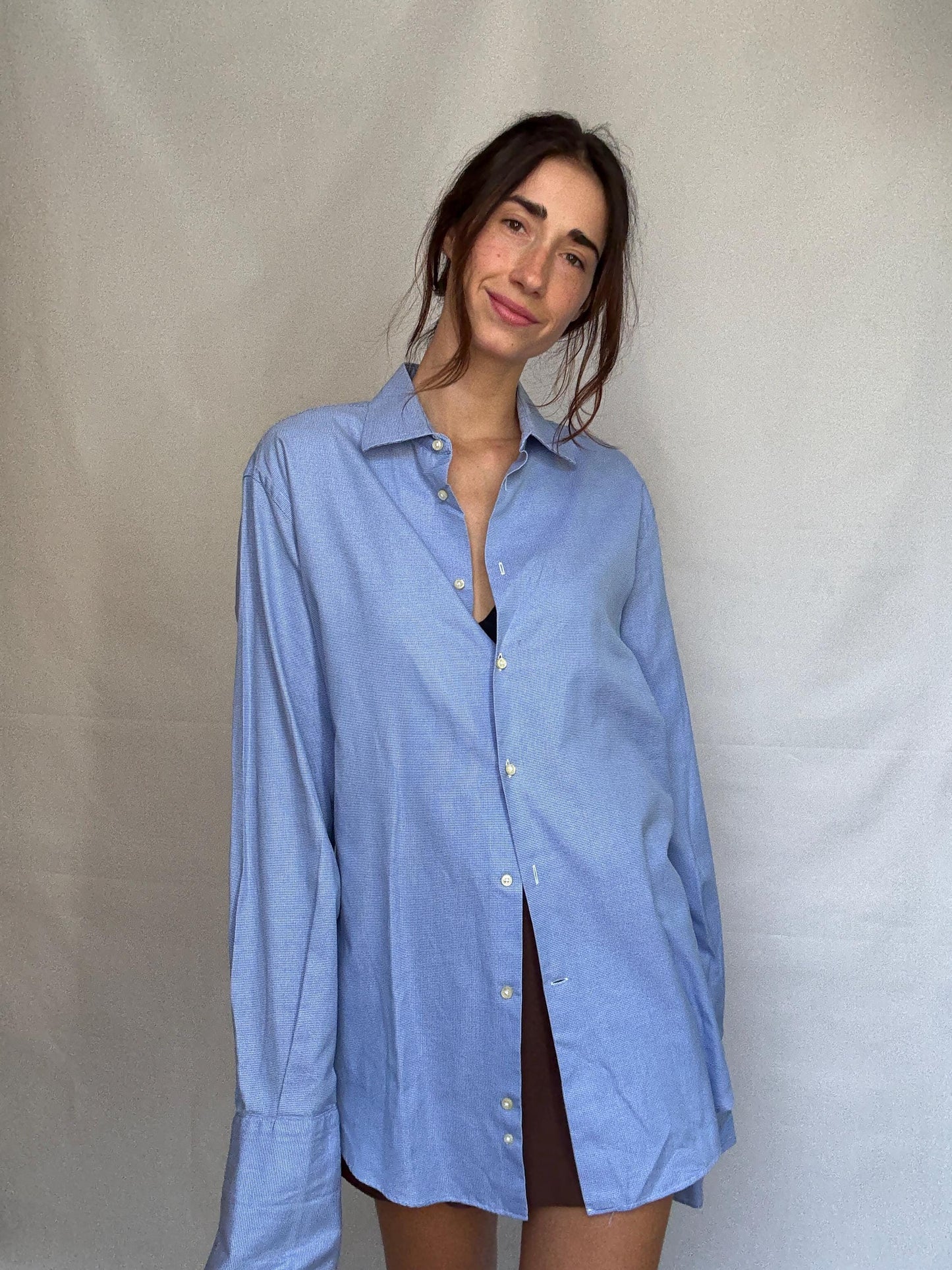 Vintage Men's Carolina Herrera blue and white button up shirt