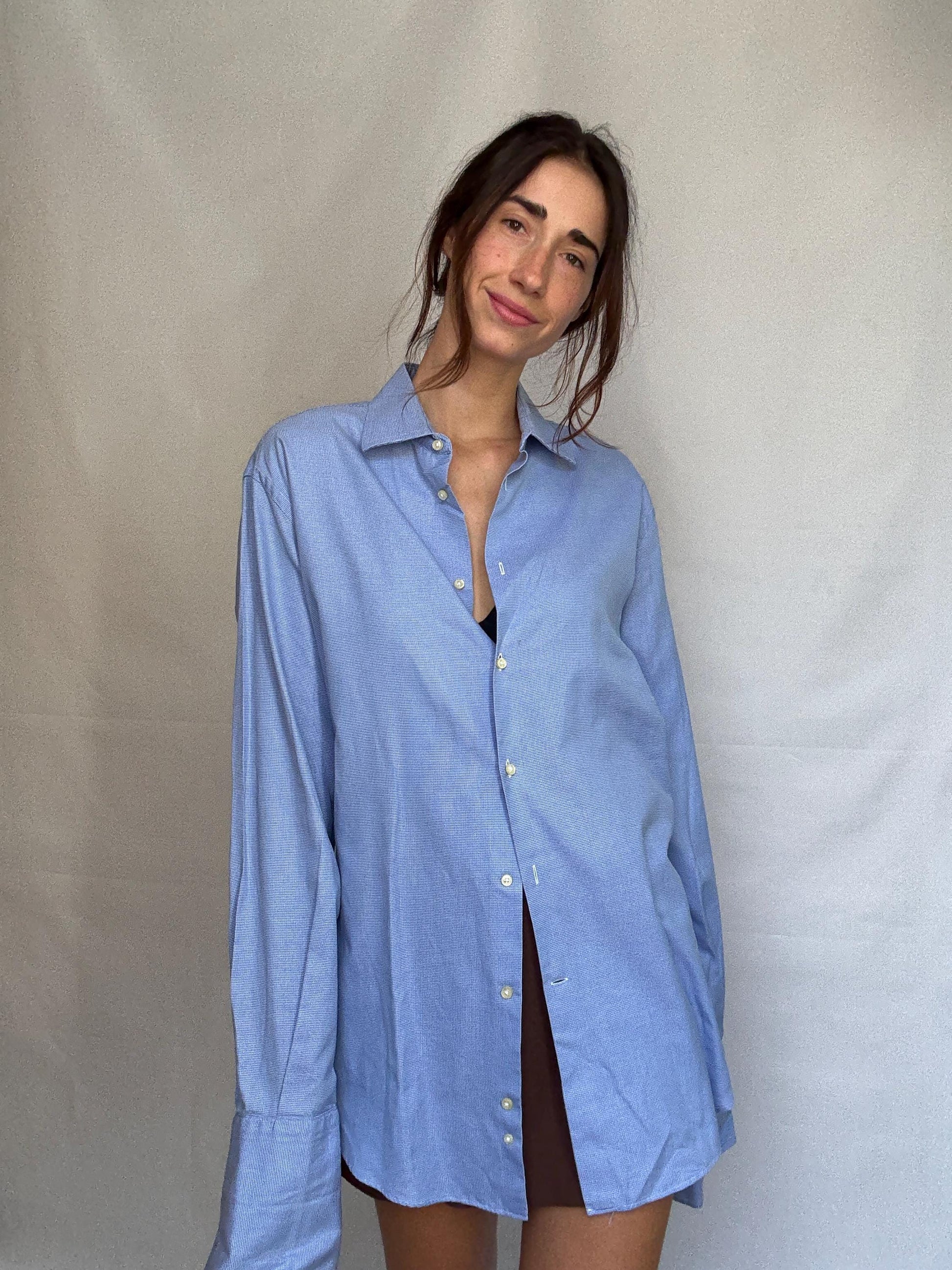 Vintage Men's Carolina Herrera blue and white button up shirt