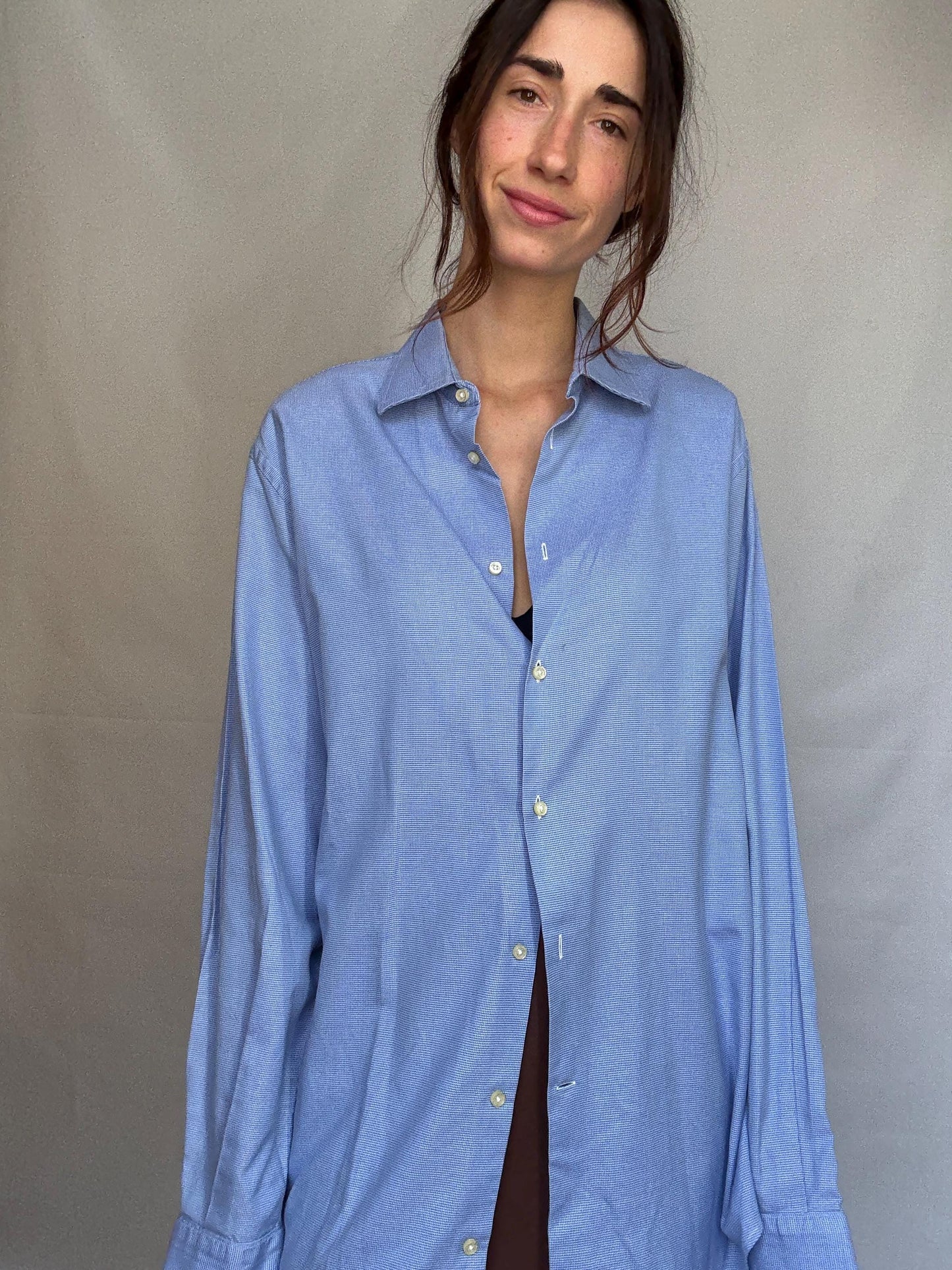 Vintage Men's Carolina Herrera blue and white button up shirt