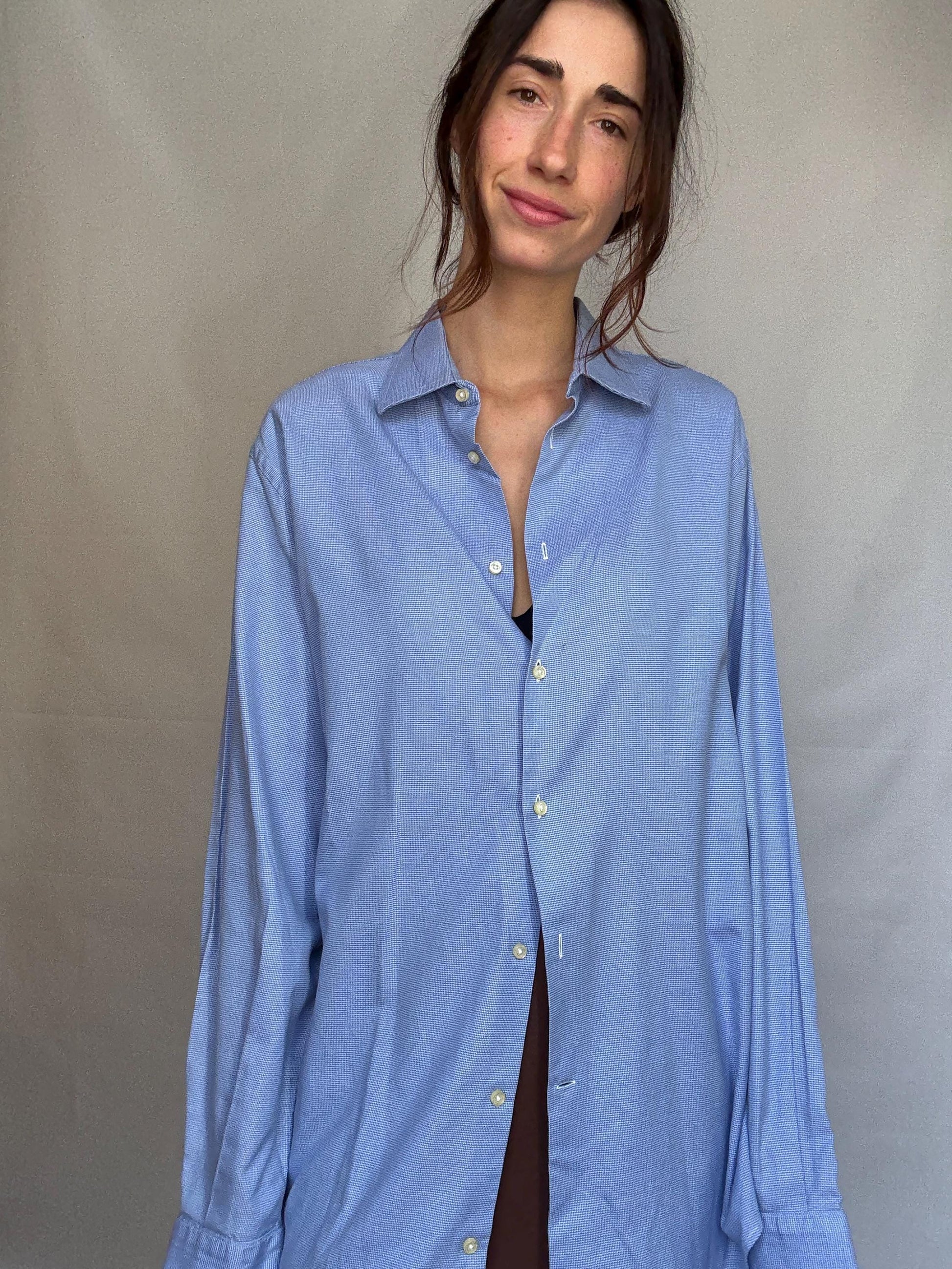 Vintage Men's Carolina Herrera blue and white button up shirt