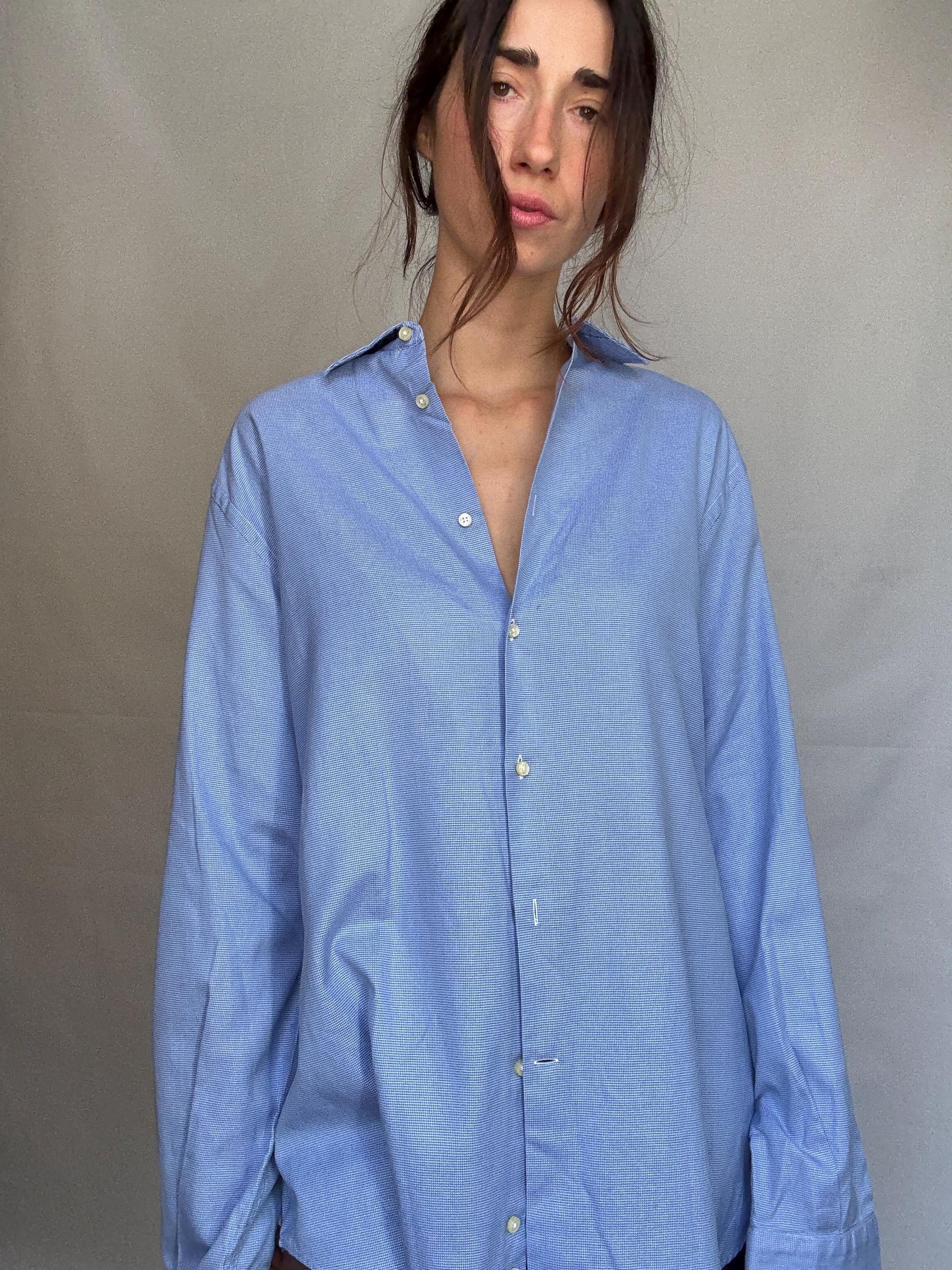 Vintage Men's Carolina Herrera blue and white button up shirt