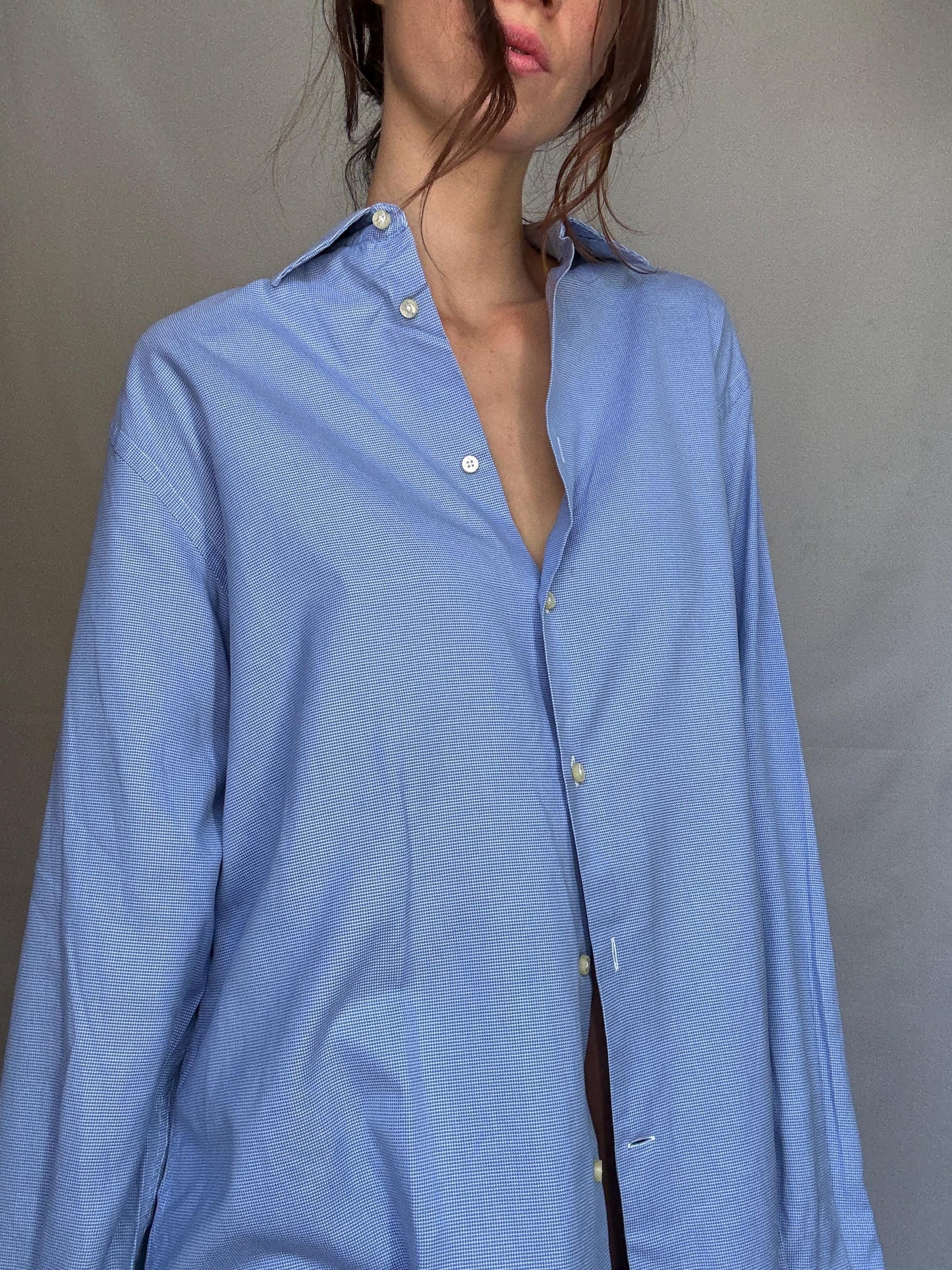 Vintage Men's Carolina Herrera blue and white button up shirt