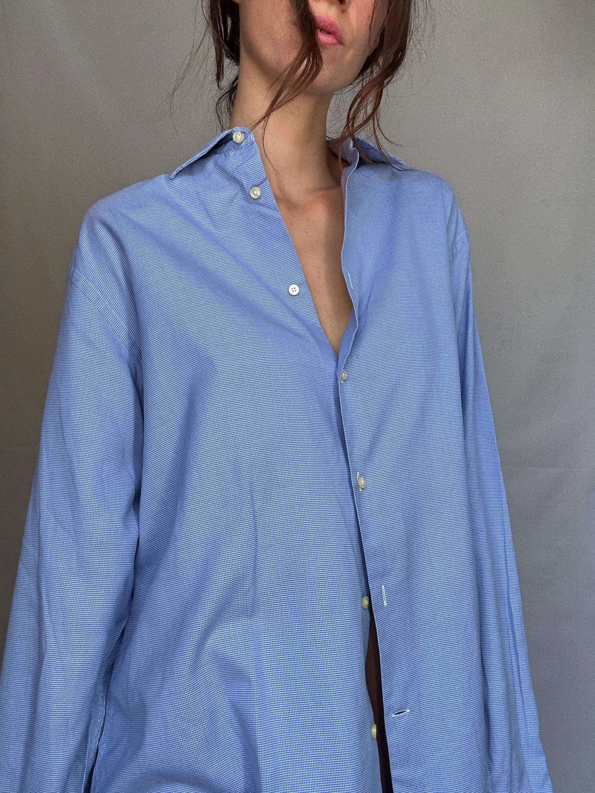 Vintage Men's Carolina Herrera blue and white button up shirt