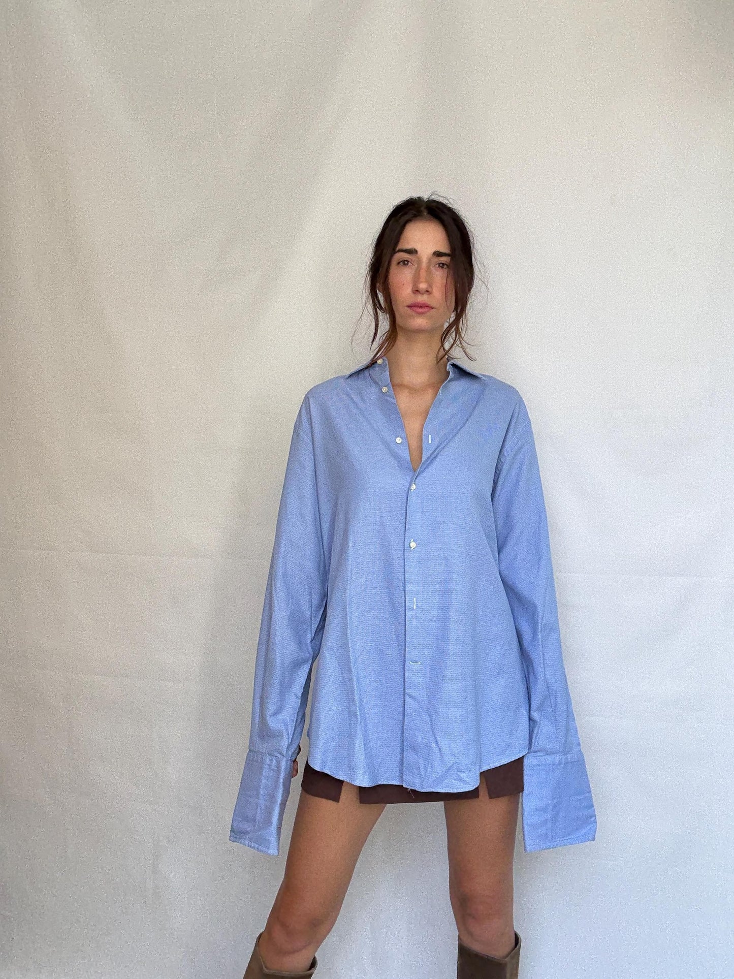 Vintage Men's Carolina Herrera blue and white button up shirt