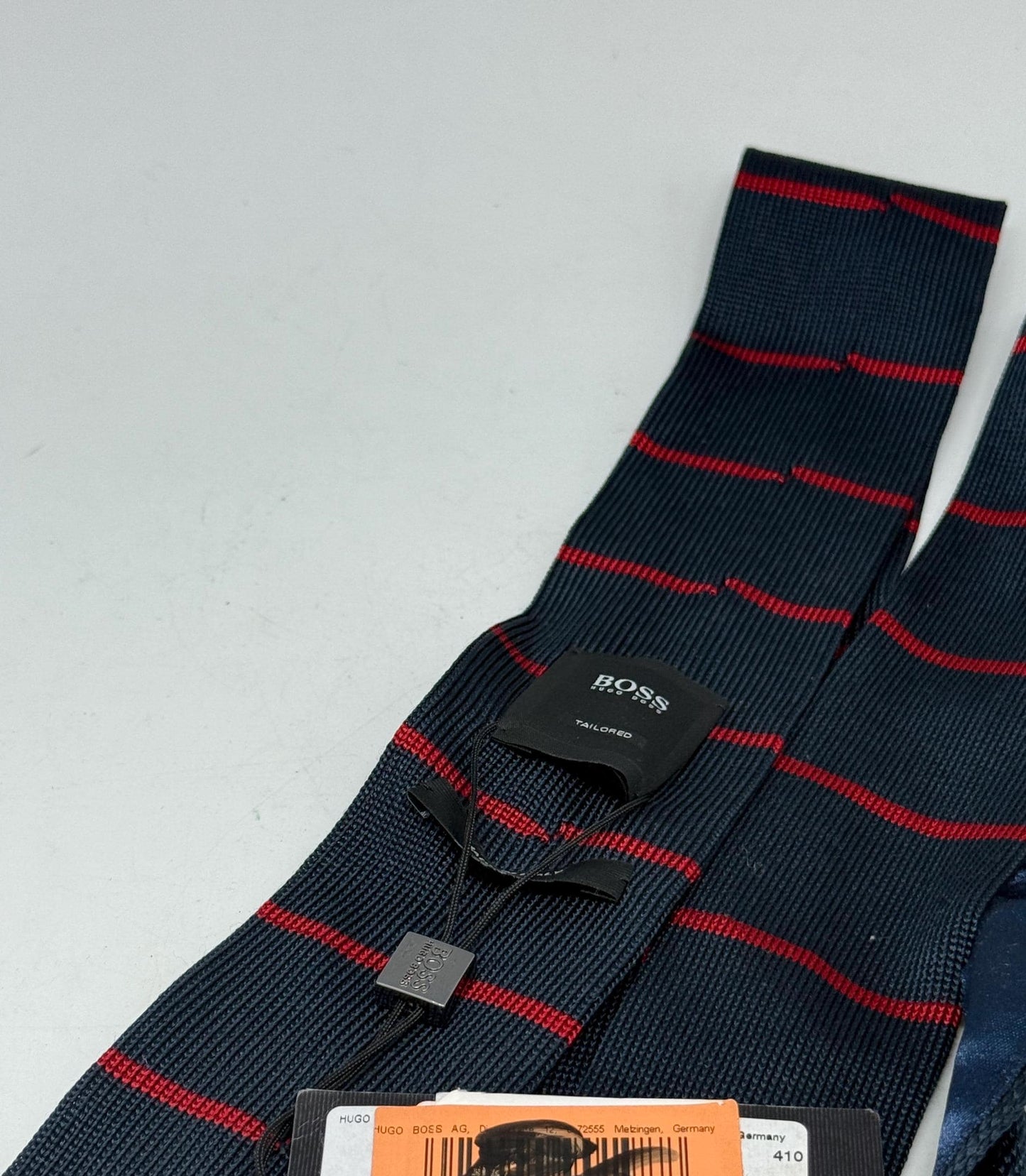Vintage Hugo Boss Silk Tie, Navy Red Striped — back view