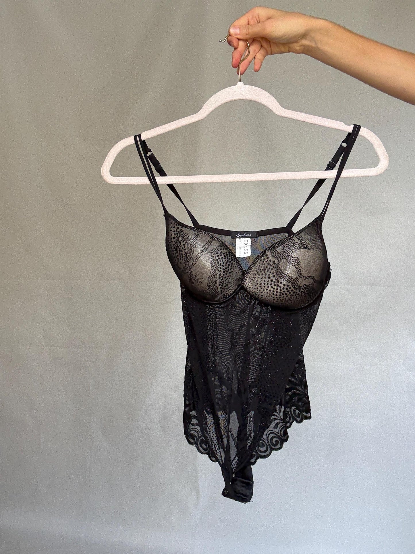 Vintage Black Sheer Lace Bodysuit — back view