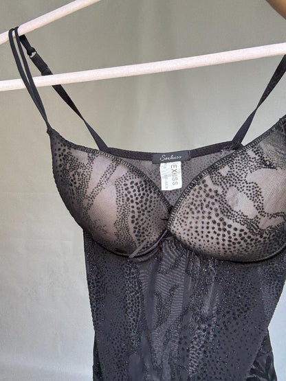 Vintage Black Sheer Lace Bodysuit — fabric close-up
