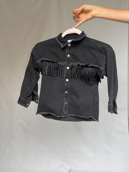 Black Denim Kids Jacket With Studded Fringe — detail