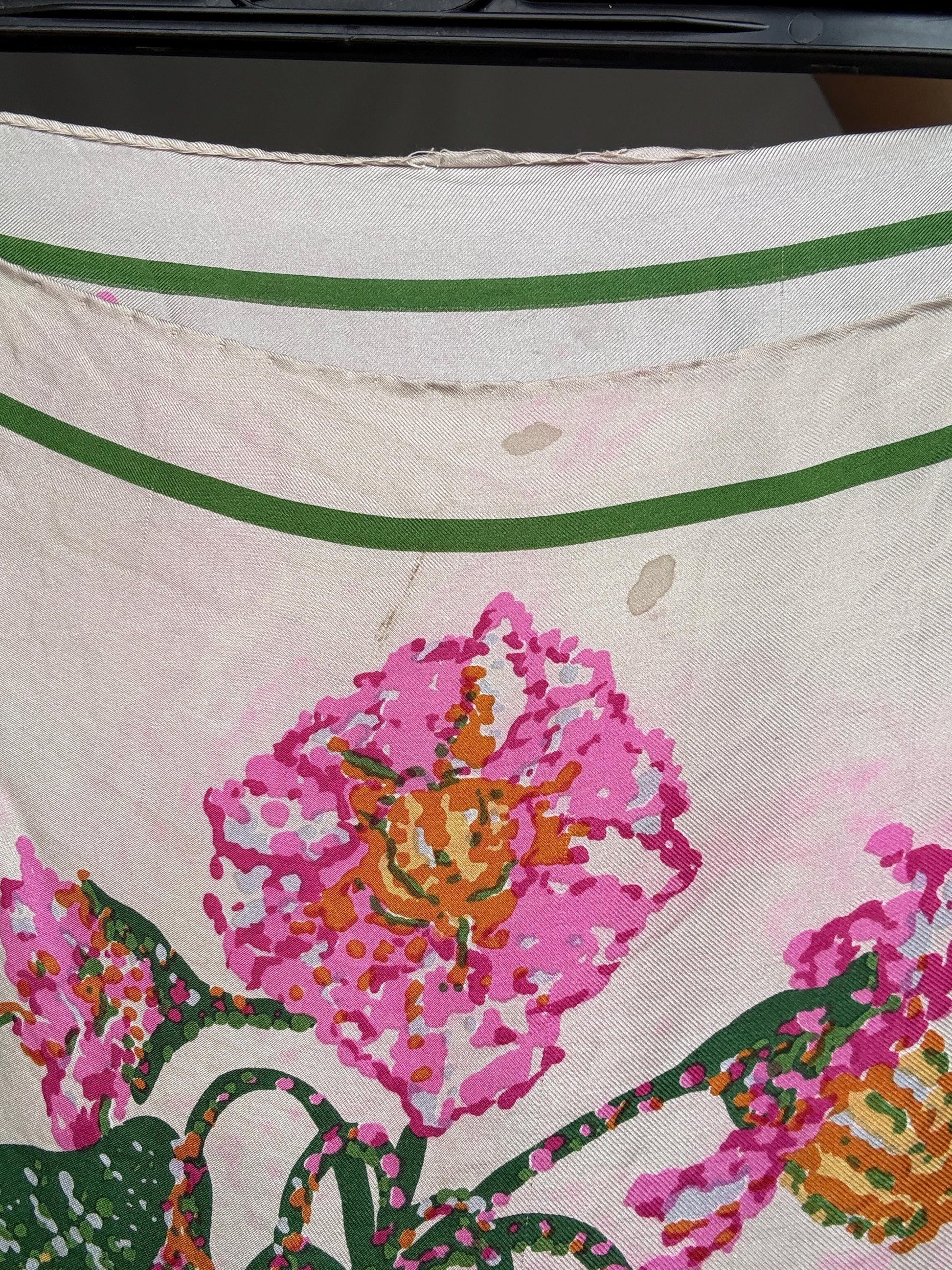 Vintage Floral Silk Scarf with Handsewn Edges — fabric close-up