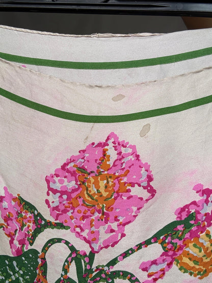 Vintage Floral Silk Scarf with Handsewn Edges — fabric close-up