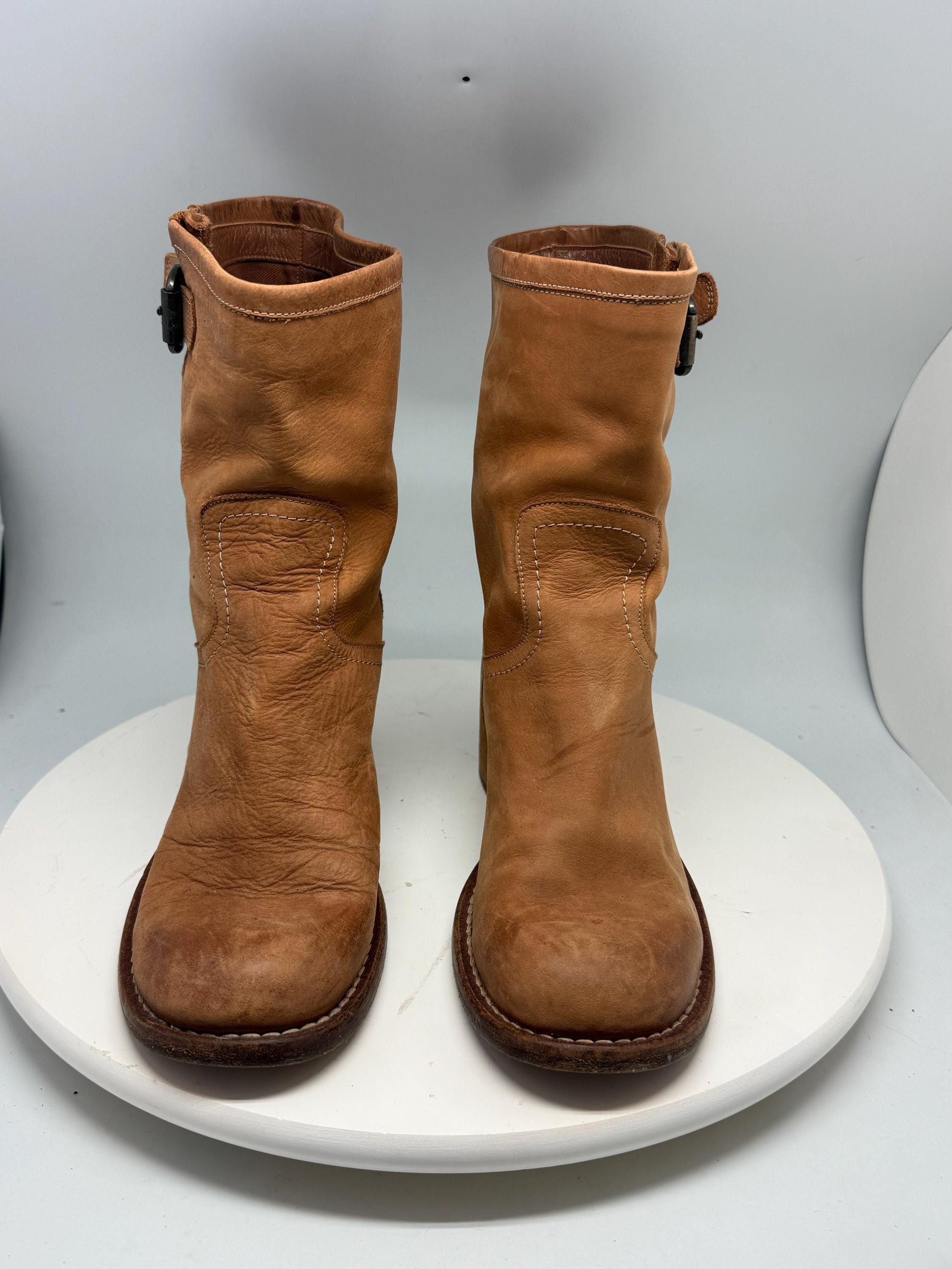 Tan Leather Vintage 70s Block Heel Booties — back view