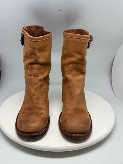 Tan Leather Vintage 70s Block Heel Booties — back view